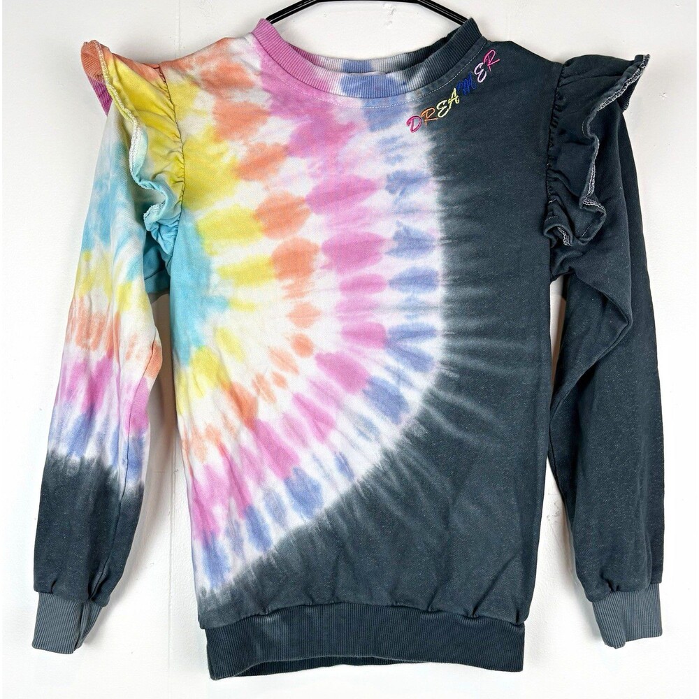 Lola + The Boys Girls Sweatshirt Tie-Dye Ruffle Sleeve Dreamer Embroidered Sz 8